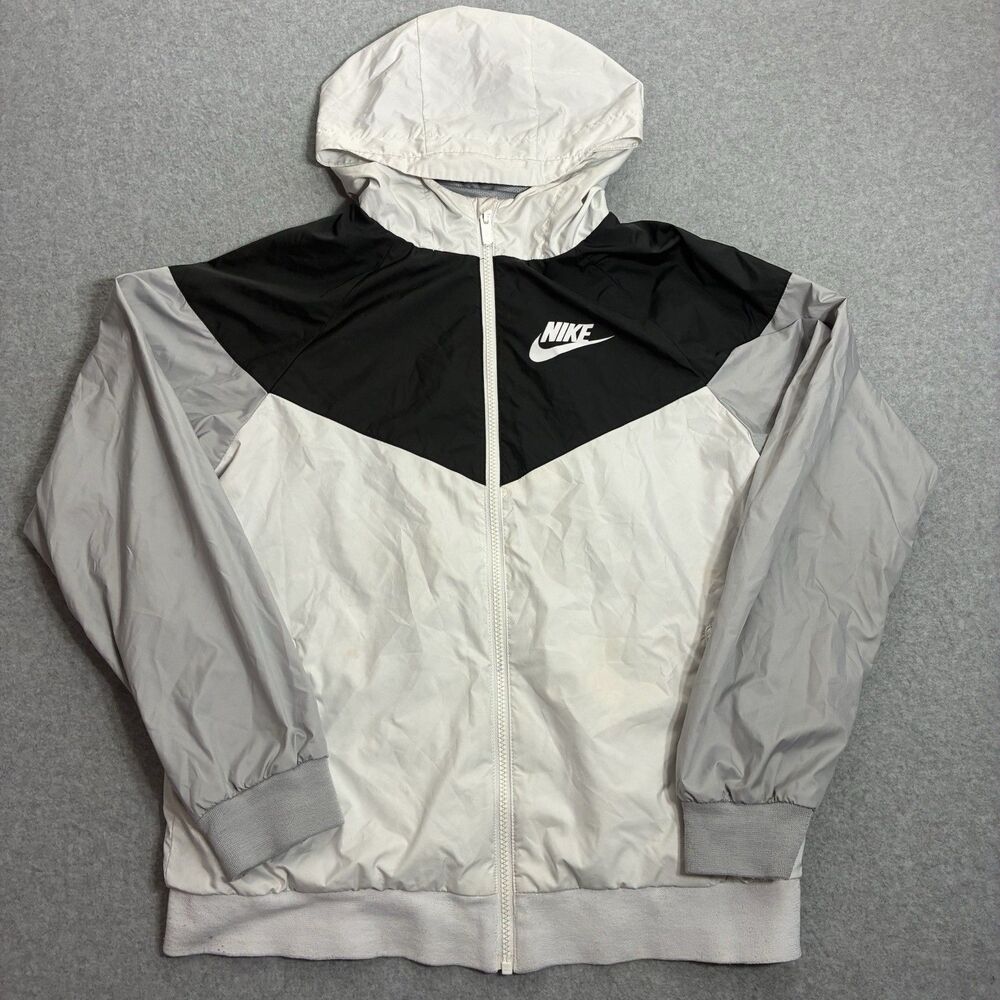 Women’s Nike Windbreaker Jacket XL Black White Hooded Full Zip Loose
